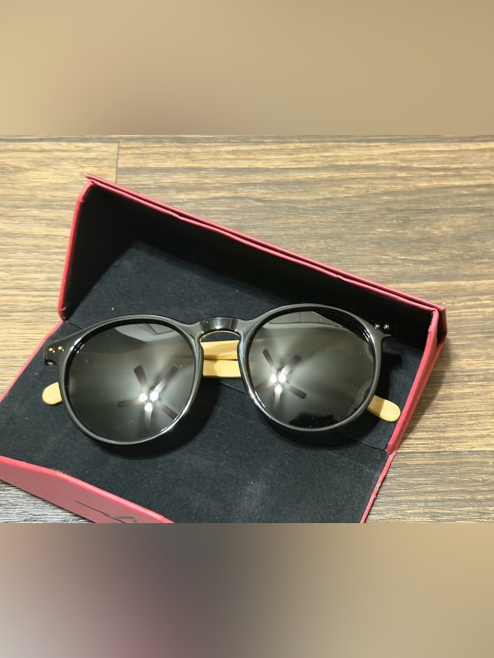 Rays Round Black Sunglasses with Light Wood Temples